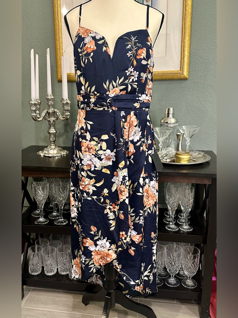 Lulu's Navy Floral Spaghetti-Strap Midi Dress